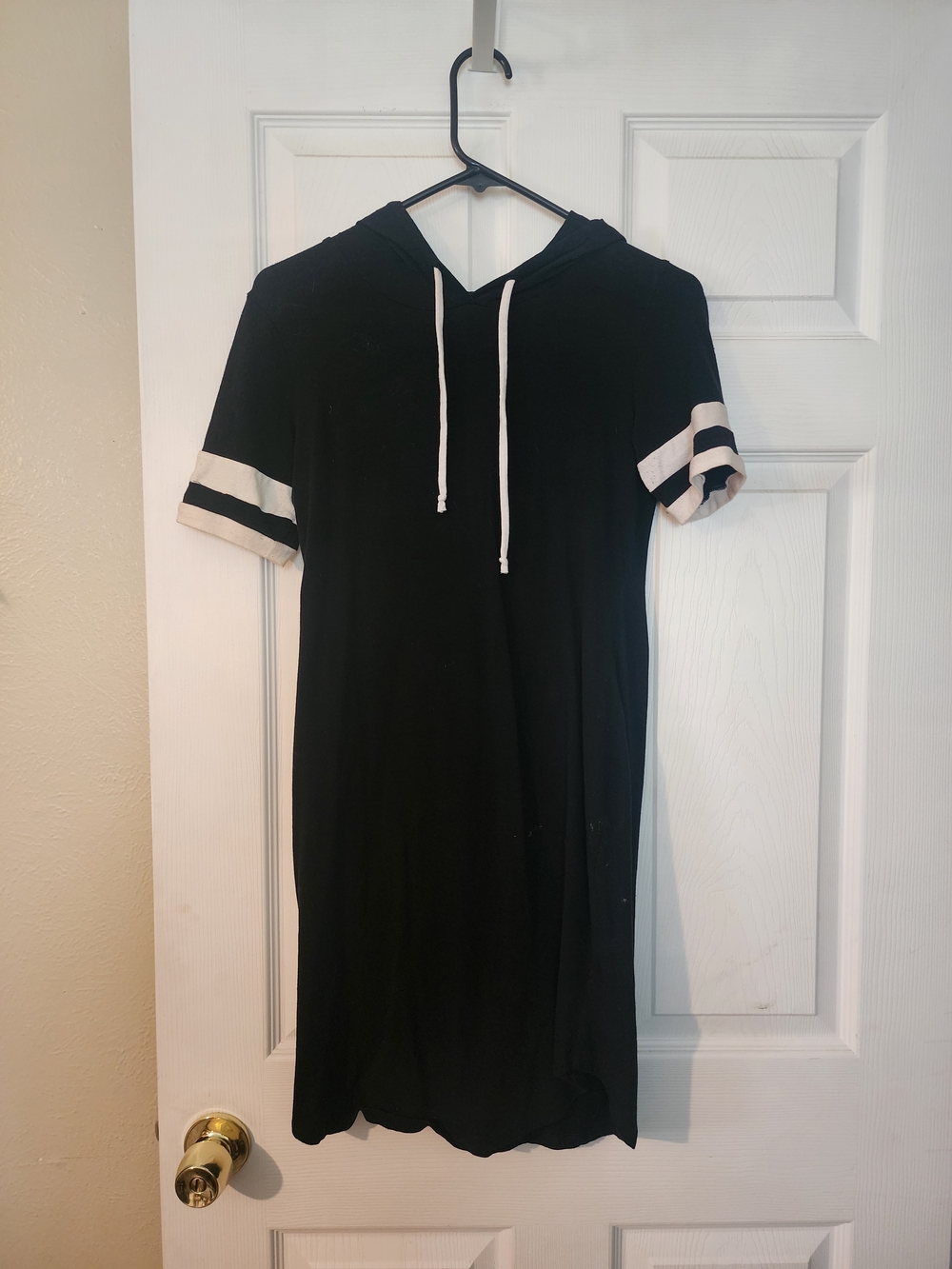 J for Justify Black Mini Hoodie Dress with White Stripes